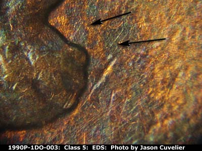 Die-stage A marker on 1990P•1DO•003 (1990 Doubled Die Obverse).