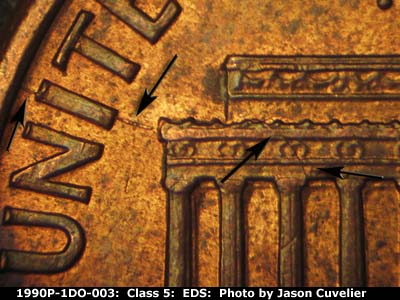 Die-stage A marker on 1990P•1DO•003 (1990 Doubled Die Obverse).