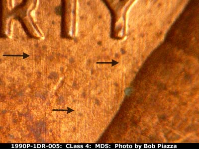Die-stage B marker on 1990P•1DR•005 (1990 Doubled Die Reverse).
