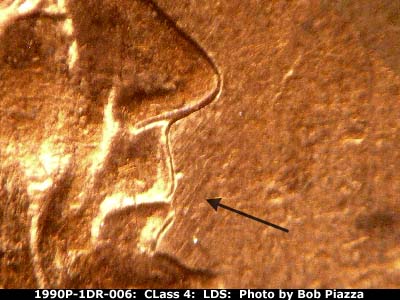 Die-stage C marker on 1990P•1DR•006 (1990 Doubled Die Reverse).