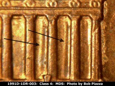 Die-stage B marker on 1991D•1DR•003 (1991 Doubled Die Reverse).