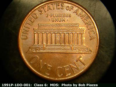 Die-stage B marker on 1991P•1DO•001 (1991 Doubled Die Obverse).