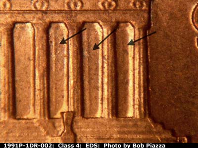 Die-stage A marker on 1991P•1DR•002 (1991 Doubled Die Reverse).