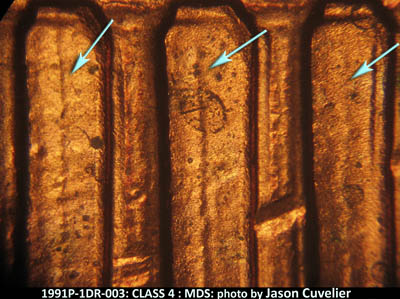 Die-stage B marker on 1991P•1DR•003 (1991 Doubled Die Reverse).