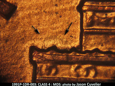 Die-stage B marker on 1991P•1DR•003 (1991 Doubled Die Reverse).