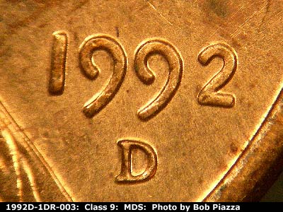 Die-stage B marker on 1992D•1DR•003 (1992 Doubled Die Reverse).