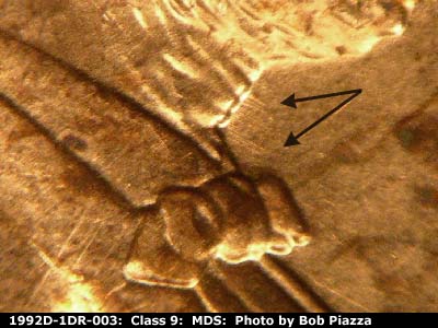 Die-stage B marker on 1992D•1DR•003 (1992 Doubled Die Reverse).