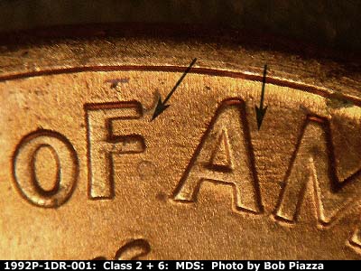 Die-stage B marker on 1992P•1DR•001 (1992 Doubled Die Reverse).