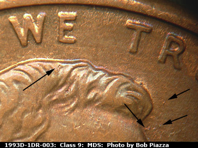 Die-stage B marker on 1993D•1DR•003 (1993 Doubled Die Reverse).
