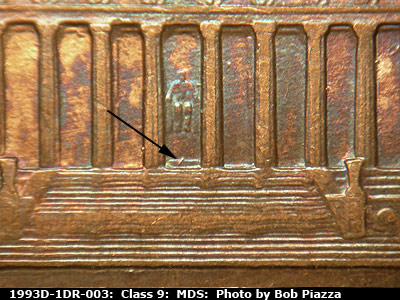 Die-stage B marker on 1993D•1DR•003 (1993 Doubled Die Reverse).