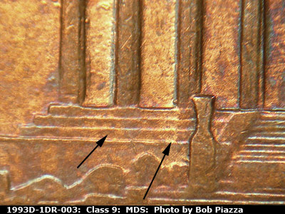 Die-stage B marker on 1993D•1DR•003 (1993 Doubled Die Reverse).