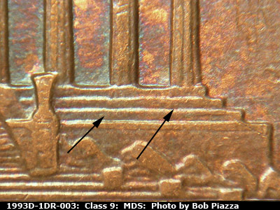 Die-stage B marker on 1993D•1DR•003 (1993 Doubled Die Reverse).