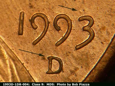 Die-stage B marker on 1993D•1DR•004 (1993 Doubled Die Reverse).