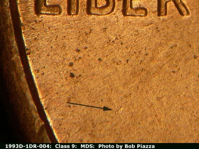 Die-stage B marker on 1993D•1DR•004 (1993 Doubled Die Reverse).