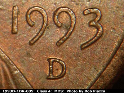 Die-stage B marker on 1993D•1DR•005 (1993 Doubled Die Reverse).