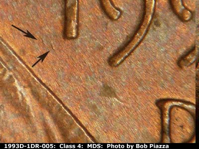 Die-stage B marker on 1993D•1DR•005 (1993 Doubled Die Reverse).