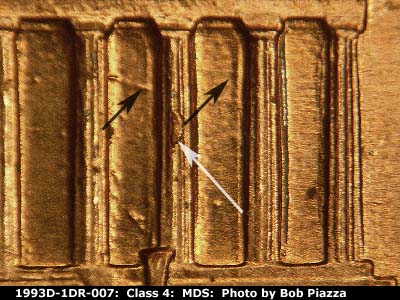 Die-stage B marker on 1993D•1DR•007 (1993 Doubled Die Reverse).