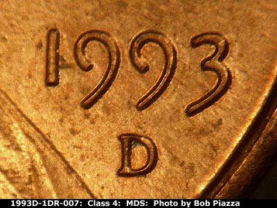 Die-stage B marker on 1993D•1DR•007 (1993 Doubled Die Reverse).