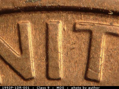 Die-stage B marker on 1993P•1DR•001 (1993 Doubled Die Reverse).