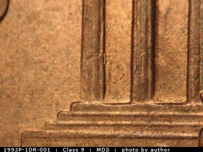 Die-stage B marker on 1993P•1DR•001 (1993 Doubled Die Reverse).