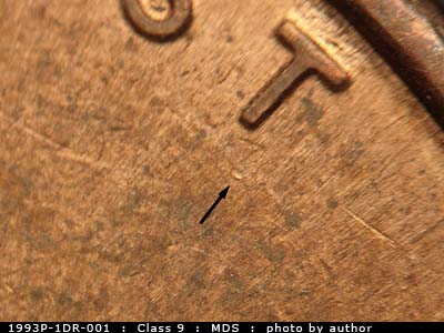 Die-stage B marker on 1993P•1DR•001 (1993 Doubled Die Reverse).