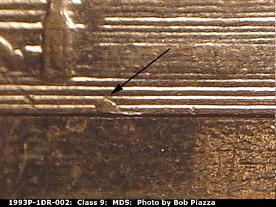 Die-stage B marker on 1993P•1DR•002 (1993 Doubled Die Reverse).