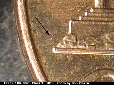 Die-stage B marker on 1993P•1DR•002 (1993 Doubled Die Reverse).