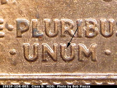 Die-stage B marker on 1993P•1DR•003 (1993 Doubled Die Reverse).