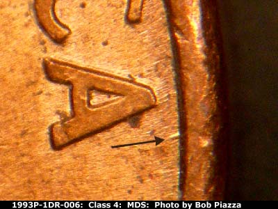 Die-stage B marker on 1993P•1DR•006 (1993 Doubled Die Reverse).