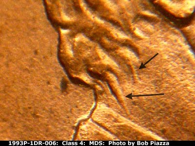 Die-stage B marker on 1993P•1DR•006 (1993 Doubled Die Reverse).