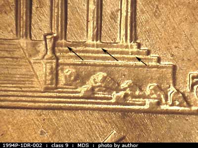 Die-stage B marker on 1994P•1DR•002 (1994 Doubled Die Reverse).