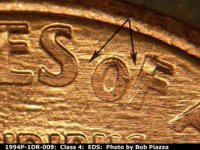 Die-stage A marker on 1994P•1DR•009 (1994 Doubled Die Reverse).