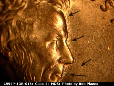 Die-stage B marker on 1994P•1DR•015 (1994 Doubled Die Reverse).