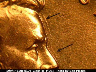 Die-stage B marker on 1994P•1DR•017 (1994 Doubled Die Reverse).