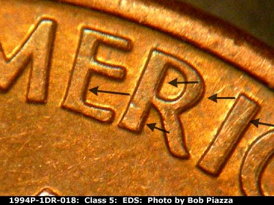 Die-stage A marker on 1994P•1DR•018 (1994 Doubled Die Reverse).