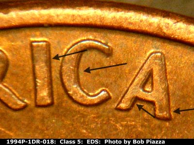 Die-stage A marker on 1994P•1DR•018 (1994 Doubled Die Reverse).