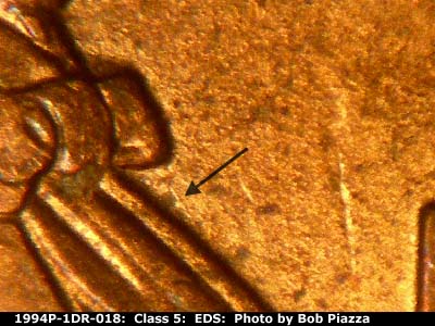 Die-stage A marker on 1994P•1DR•018 (1994 Doubled Die Reverse).