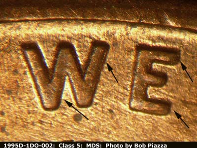 Die-stage B marker on 1995D•1DO•002 (1995 Doubled Die Obverse).