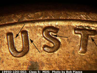 Die-stage B marker on 1995D•1DO•002 (1995 Doubled Die Obverse).