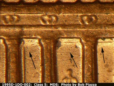 Die-stage B marker on 1995D•1DO•002 (1995 Doubled Die Obverse).