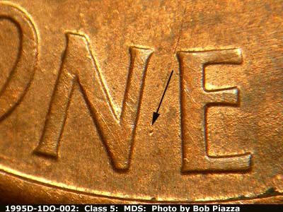 Die-stage B marker on 1995D•1DO•002 (1995 Doubled Die Obverse).