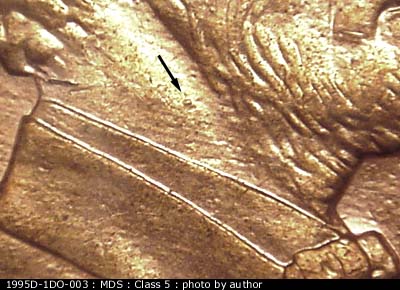 Die-stage B marker on 1995D•1DO•003 (1995 Doubled Die Obverse).