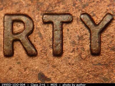 1995 Lincoln cent obverse, CopperCoins die 1995D•1DO•004.
