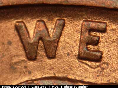 Die-stage B marker on 1995D•1DO•004 (1995 Doubled Die Obverse).