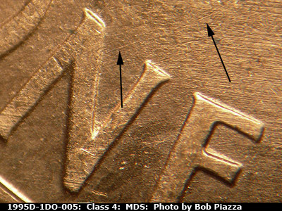 Die-stage B marker on 1995D•1DO•005 (1995 Doubled Die Obverse).