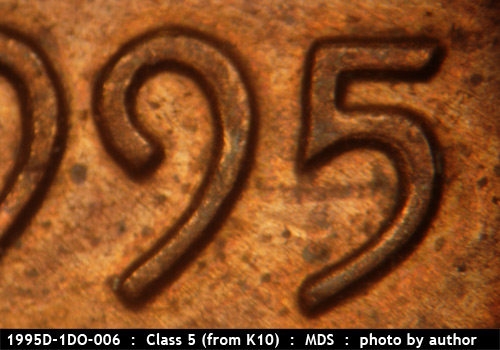 Die-stage B marker on 1995D•1DO•006 (1995 Doubled Die Obverse).