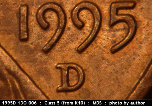 Die-stage B marker on 1995D•1DO•006 (1995 Doubled Die Obverse).