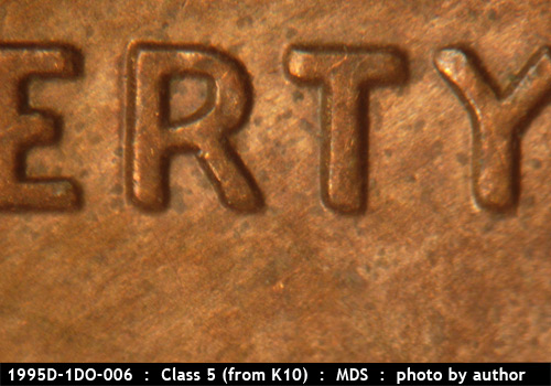 Die-stage B marker on 1995D•1DO•006 (1995 Doubled Die Obverse).