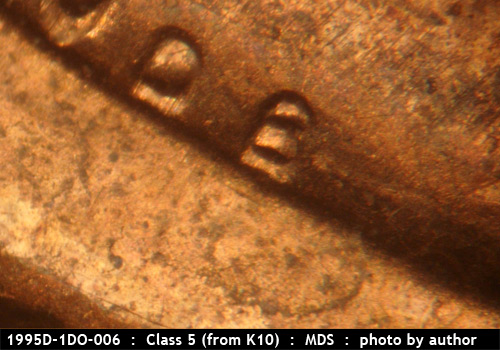 Die-stage B marker on 1995D•1DO•006 (1995 Doubled Die Obverse).