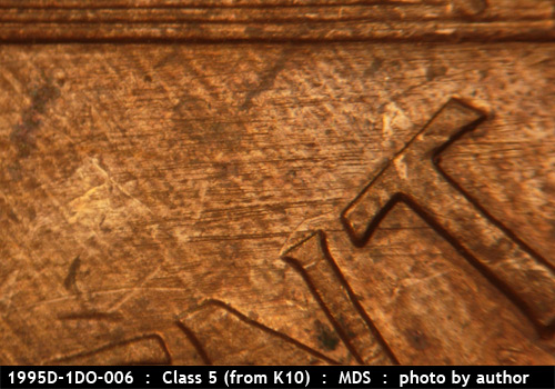 Die-stage B marker on 1995D•1DO•006 (1995 Doubled Die Obverse).
